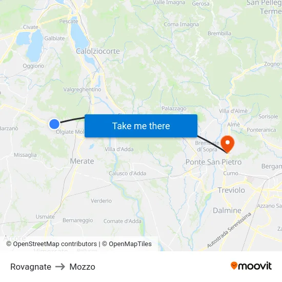 Rovagnate to Mozzo map