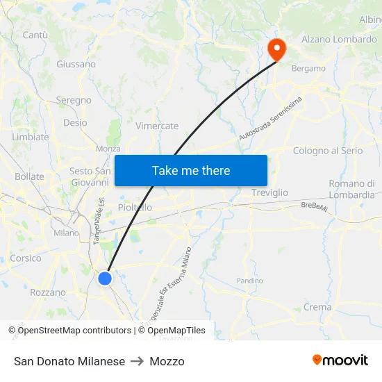 San Donato Milanese to Mozzo map
