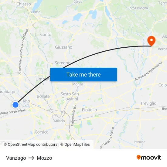 Vanzago to Mozzo map
