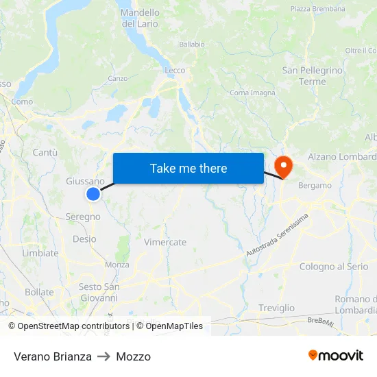 Verano Brianza to Mozzo map