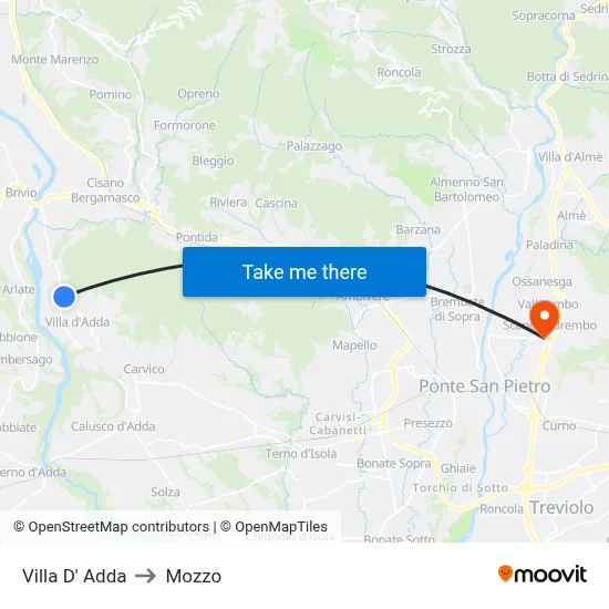 Villa D' Adda to Mozzo map