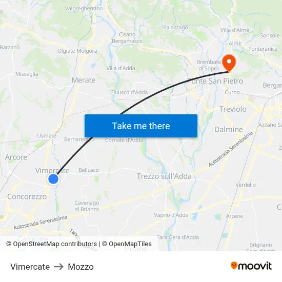 Vimercate to Mozzo map