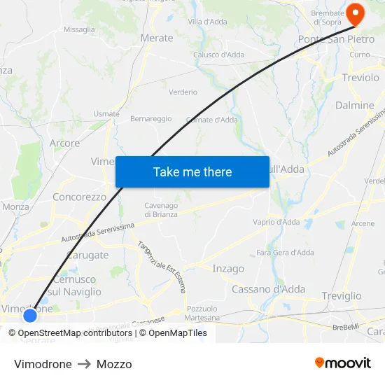 Vimodrone to Mozzo map