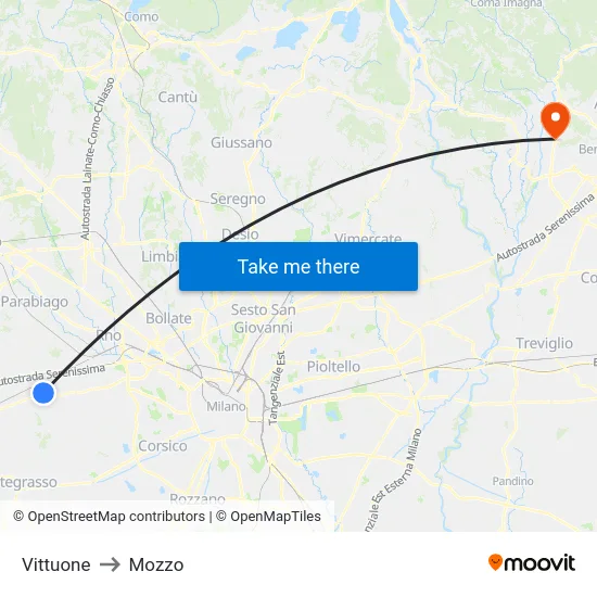 Vittuone to Mozzo map