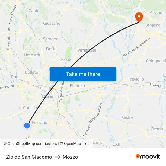 Zibido San Giacomo to Mozzo map