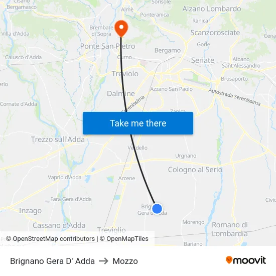 Brignano Gera d'Adda to Mozzo map