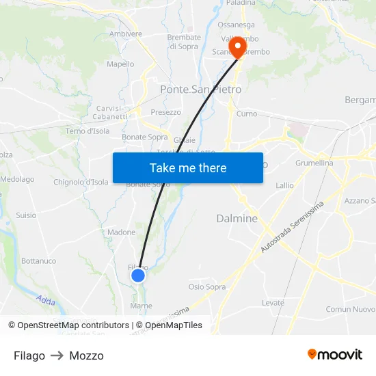 Filago to Mozzo map