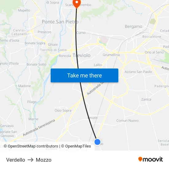 Verdello to Mozzo map