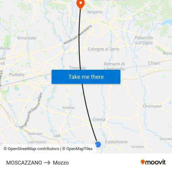Moscazzano to Mozzo map