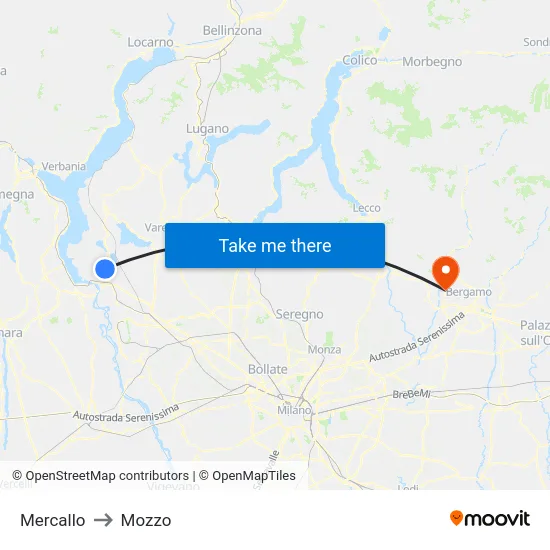 Mercallo to Mozzo map