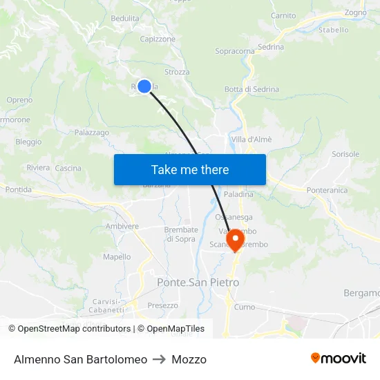 Almenno San Bartolomeo to Mozzo map