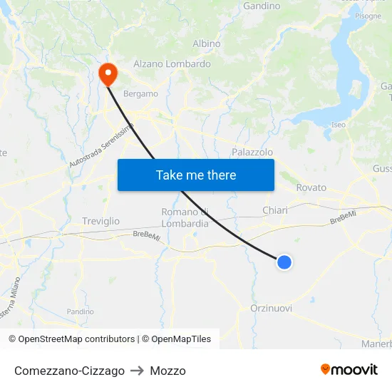 Comezzano-Cizzago to Mozzo map