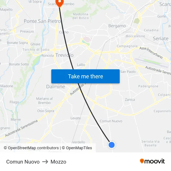 Comun Nuovo to Mozzo map