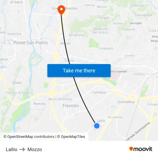Lallio to Mozzo map