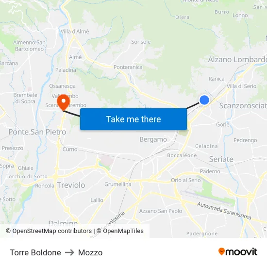 Torre Boldone to Mozzo map