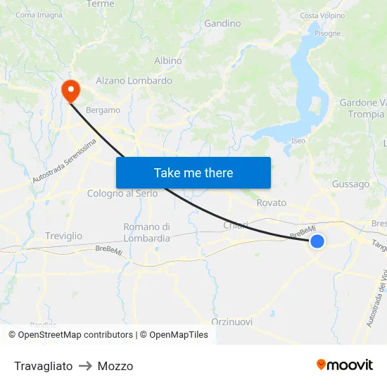Travagliato to Mozzo map