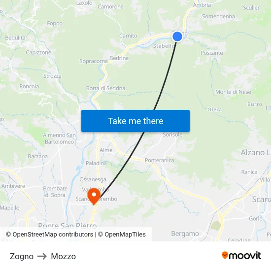 Zogno to Mozzo map