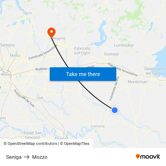 Seniga to Mozzo map