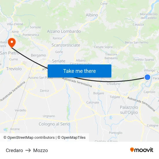 Credaro to Mozzo map