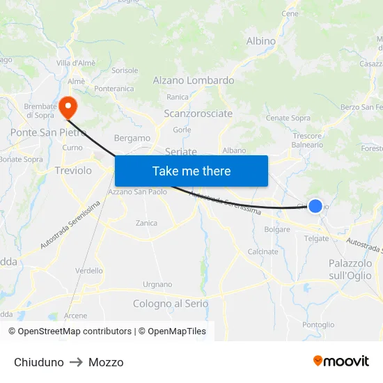Chiuduno to Mozzo map
