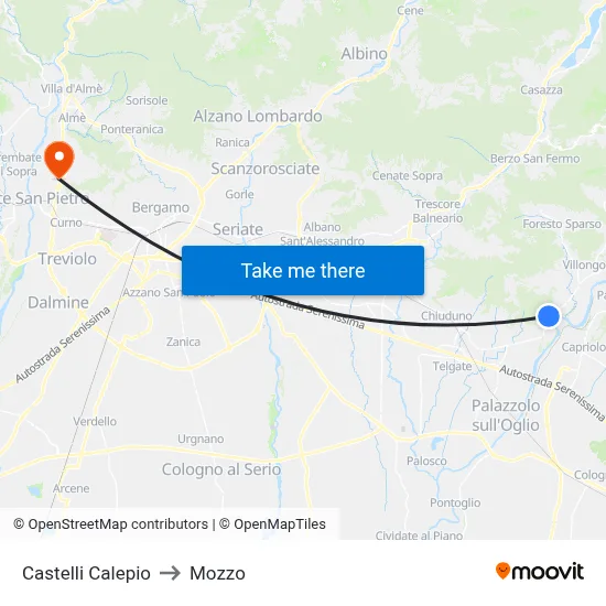 Castelli Calepio to Mozzo map