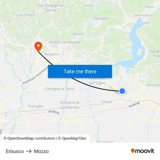 Erbusco to Mozzo map