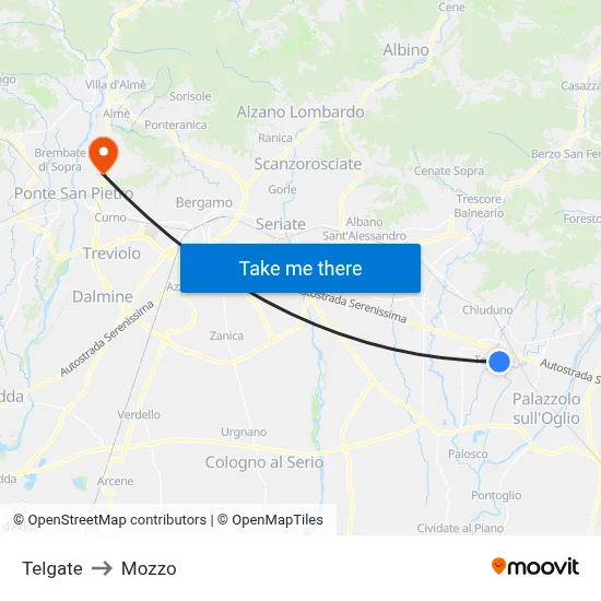 Telgate to Mozzo map