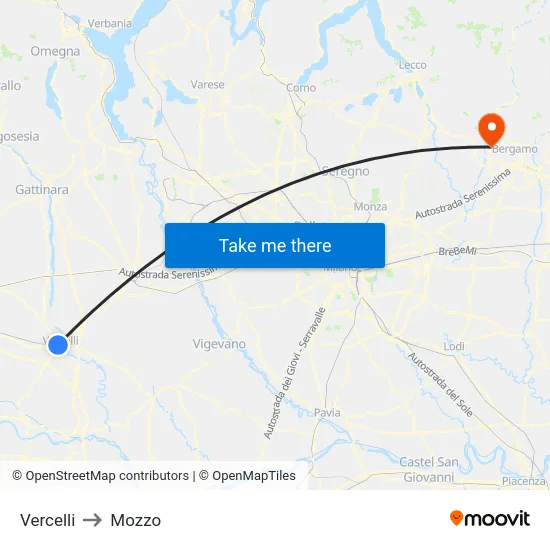 Vercelli to Mozzo map