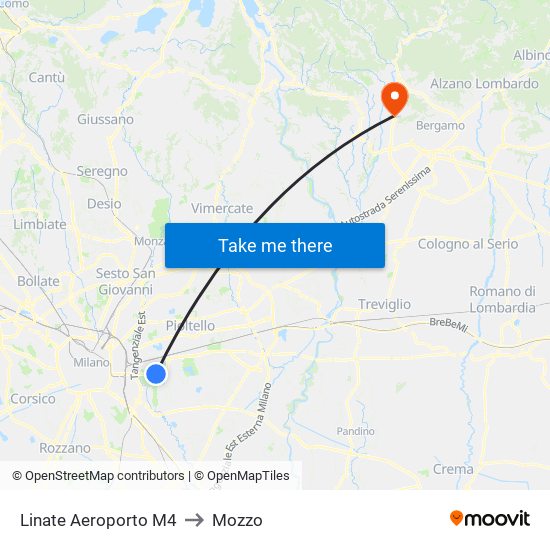 Linate Aeroporto M4 to Mozzo map