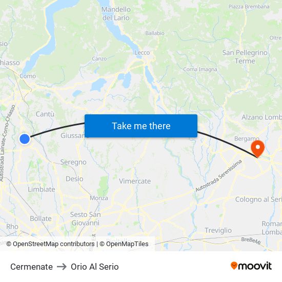 Cermenate to Orio Al Serio map