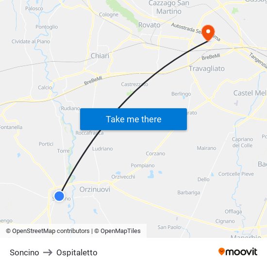 Soncino to Ospitaletto map