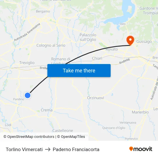 Torlino Vimercati to Paderno Franciacorta map