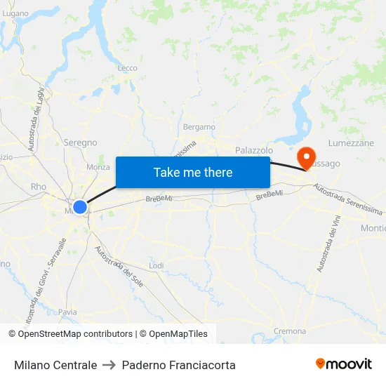 Milan Central to Paderno Franciacorta map
