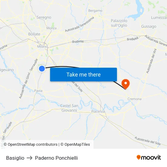 Basiglio to Paderno Ponchielli map