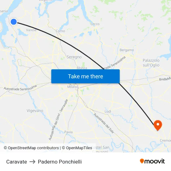 Caravate to Paderno Ponchielli map