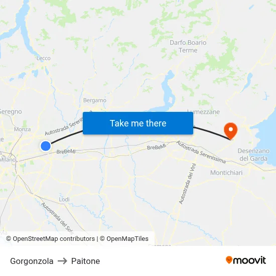 Gorgonzola to Paitone map