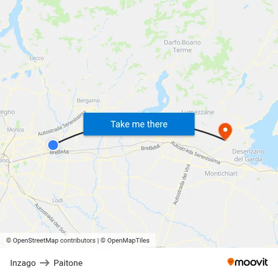 Inzago to Paitone map