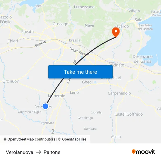 Verolanuova to Paitone map