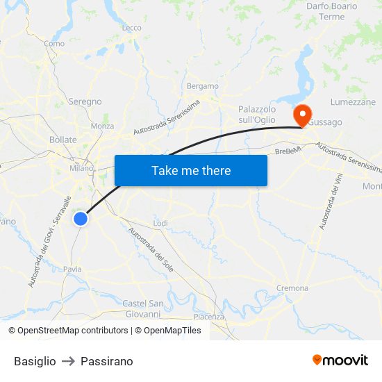 Basiglio to Passirano map