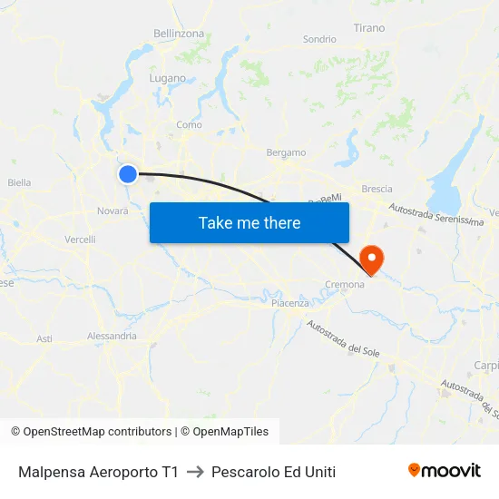 Malpensa Aeroporto T1 to Pescarolo Ed Uniti map