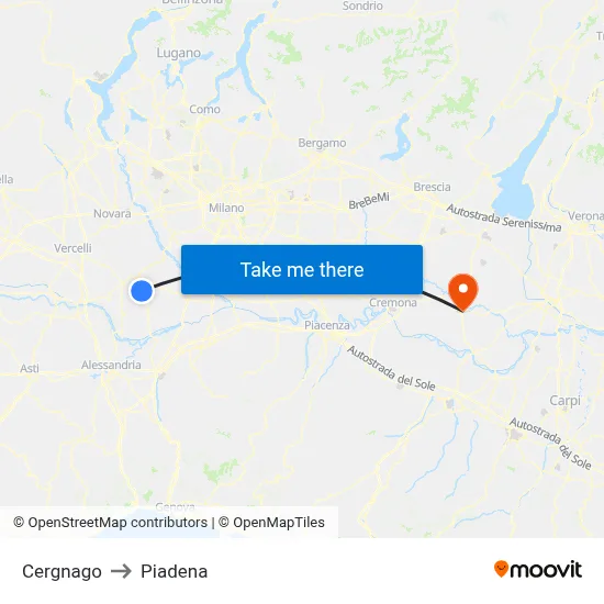Cergnago to Piadena map