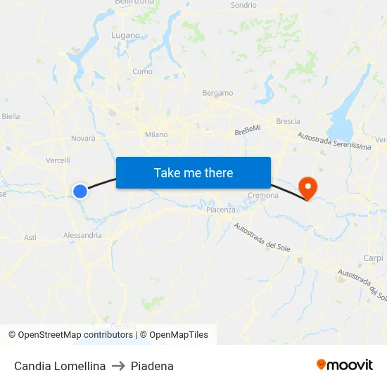 Candia Lomellina to Piadena map