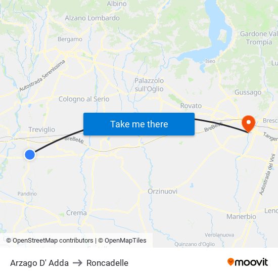 Arzago D' Adda to Roncadelle map