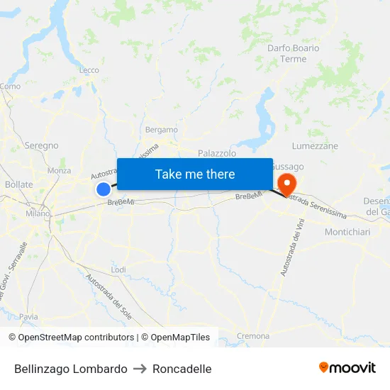 Bellinzago Lombardo to Roncadelle map