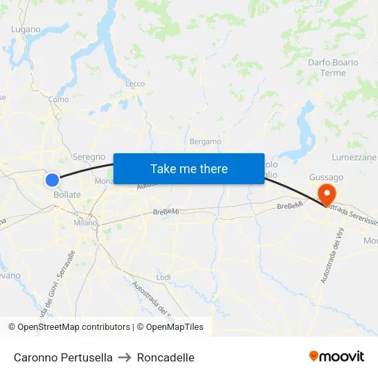 Caronno Pertusella to Roncadelle map