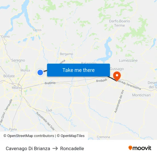 Cavenago di Brianza to Roncadelle map