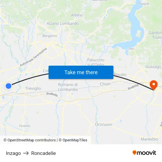 Inzago to Roncadelle map