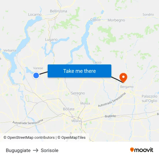 Buguggiate to Sorisole map