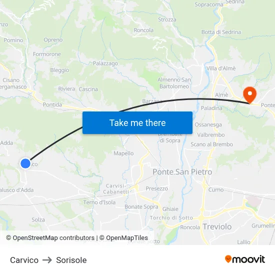 Carvico to Sorisole map