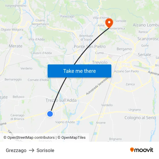 Grezzago to Sorisole map